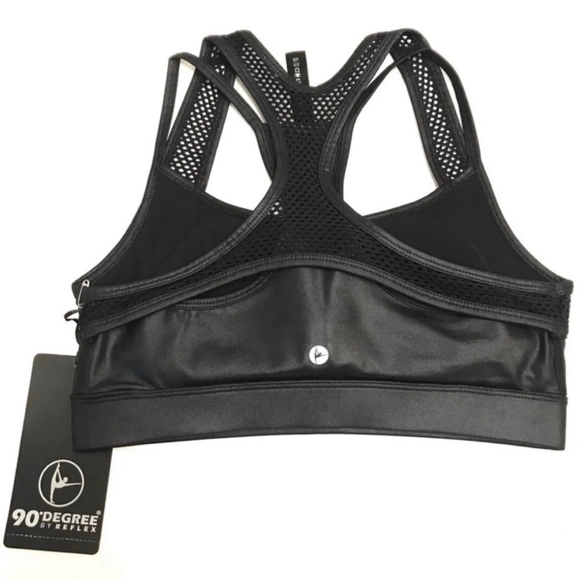 90 Degree by Reflex Black Strappy & Mesh Liquid Shine Padded Sports Bra sz S