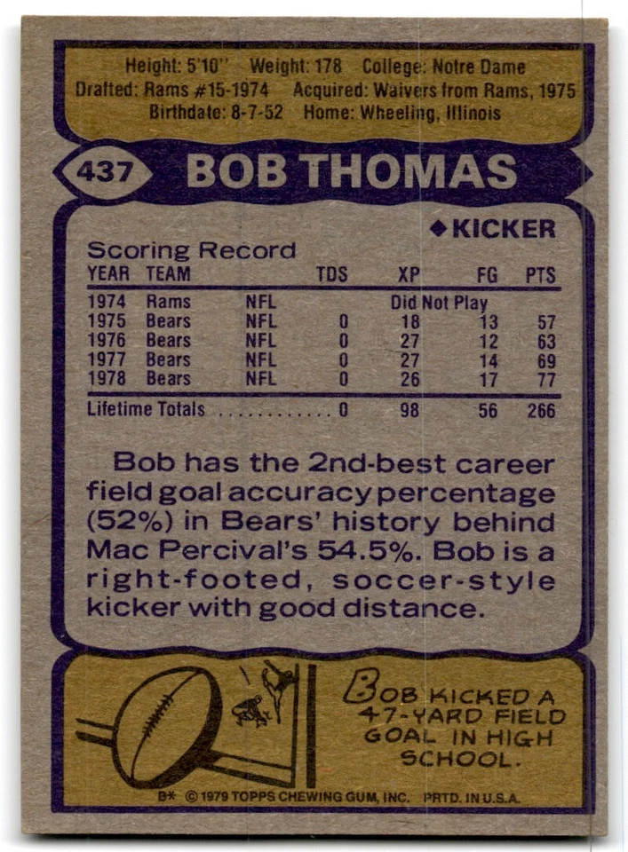 1979 Topps Football Card Bob Thomas Chicago Bears #437 - Image 2 of 2