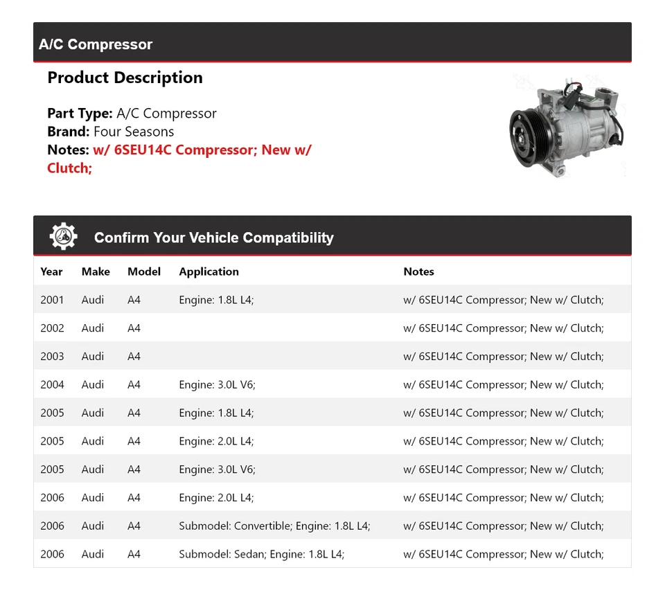 Compresor de aire acondicionado para Audi A4 2001-2006 4 estaciones 2002 2003 2004 2005 Foto 2 de 4