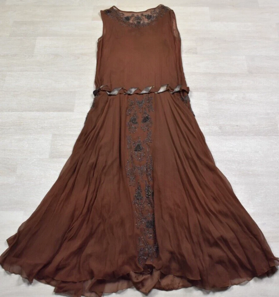 Antique 1920’S Heavily Beaded Brown Silk Chiffon Flapper Dress Great Gatsby VTG - Image 4 of 4