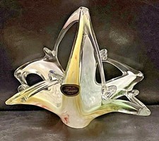 Vintage Murano Yellow Green Pinched Basket Art Glass 6  T 7  W