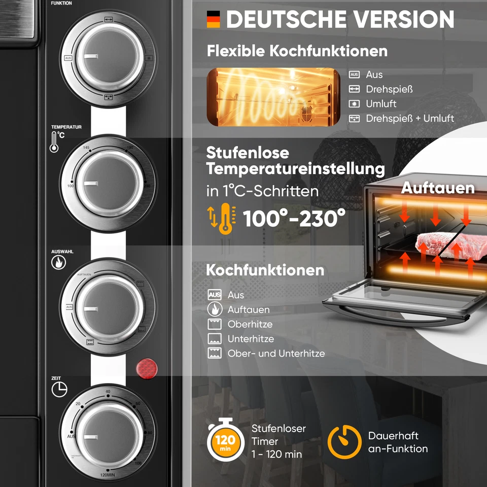 B-Ware 60L Minibackofen mit Umluft, Drehspieß, Backblech, 2200W, DE Version - Bild 4 von 4
