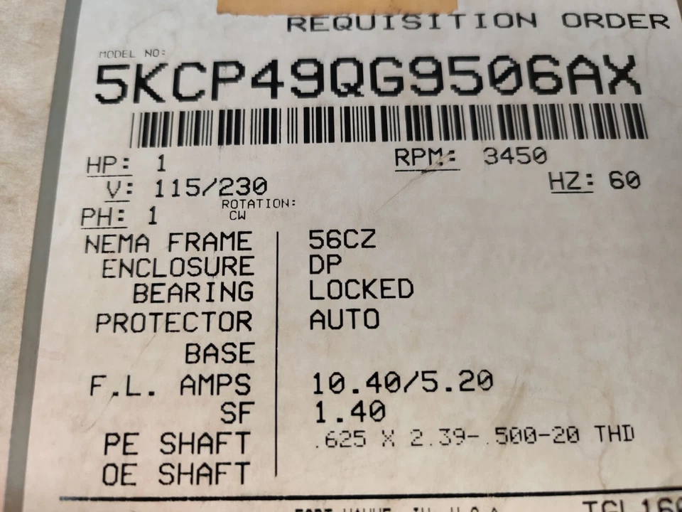 GE 1 Hp Ac Motor 115/230 Volts 3450 Rpm 1P 56Cz 60 Hz DP .625 x 2.39 1/2-20 thd - Image 2 of 4