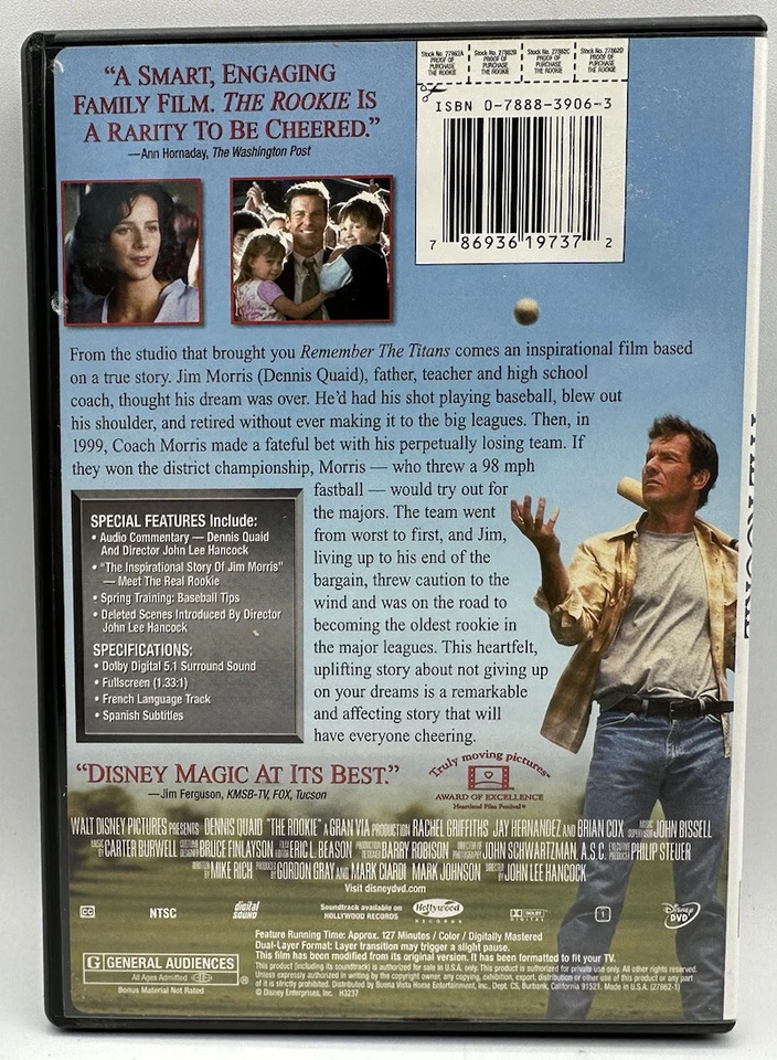 The Rookie DVD Full-Screen Dennis Quaid Based In A True Story Disney 2002 Foto 2 de 3