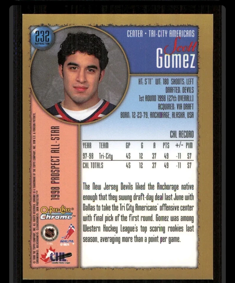 1998-99 O-Pee-Chee Chrome Refractor #232 Scott Gomez Rookie  - Image 2 of 2