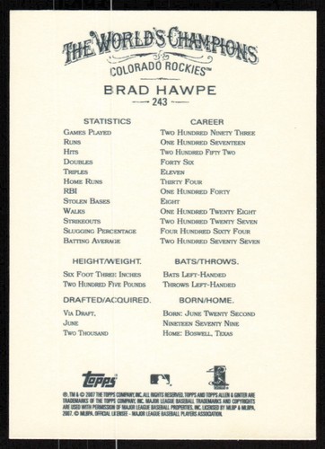 2007 Topps Allen & Ginter #243 Brad Hawpe - Picture 2 of 2