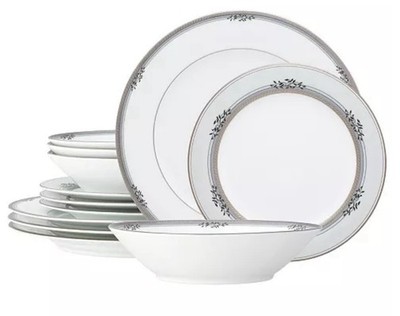 NEW NORITAKE Laurelvale Porcelain China 12 Pc Set Platinum Edging Platinum Trim