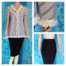 ST. JOHN Couture Knits Brown Cream JACKET  Skirt L 10 12 2pc Suit Fringe Trim