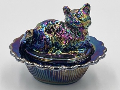 RARE Vintage Mosser Cat on Nest Oil Slick Carnival Glass Trinket Dish BEAUTIFUL!