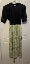 Womens Size Medium Floral Short Sleeve Midi Belted Dress Navy Blue Green  Cream