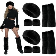 6 Piece Faux Fur Headband Set Ear Warmer Headwrap Furry Wrist Cuff Faux Black