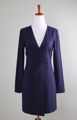HALSTON HERITAGE NWT $395 Solid Midnight Faux Wrap Navy Mini Dress Size 2