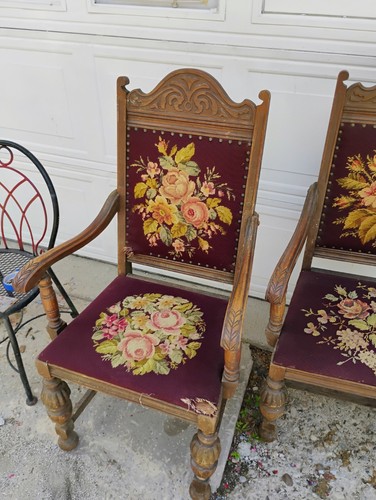 PAIR Antique Victorian Needlepoint Seat Chairs carved solid Walnut Edwardian