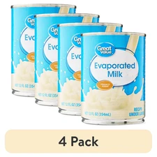 4 Pack Great Value Evaporated Milk 12 fl oz Canned Cooking Baking Ingredient