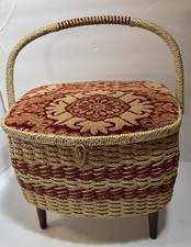 Vtg Singer Sewing Basket Japan Tapestry Top Wood Legs Wicker 1960s MCM 60's