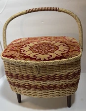 Vtg Singer Sewing Basket Japan Tapestry Top Wood Legs Wicker 1960s MCM 60's
