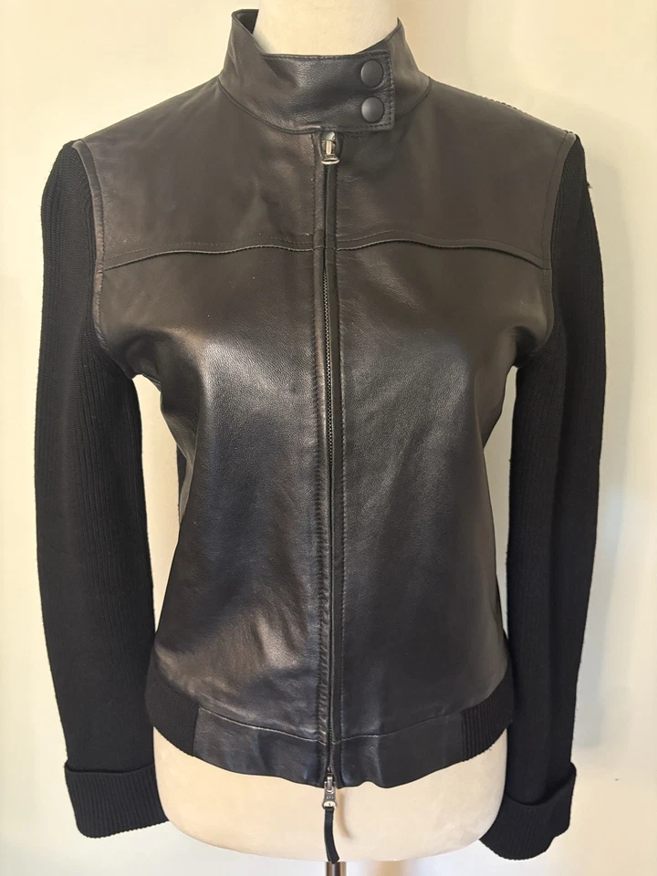 White + Warren Lambskin Leather Merino Wool Full Zip Black Jacket Moto Sz Small - Image 3 of 4