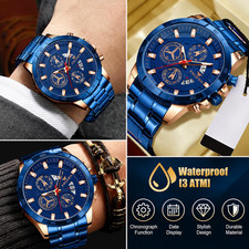 Reloj de Pulsera para Hombre Cuarzo Azul Correa de Acero con Día y Fecha