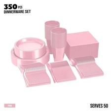 350 Pcs Pink Plastic Plates For Party, Disposable Dinnerware Set Serve 50 Guests