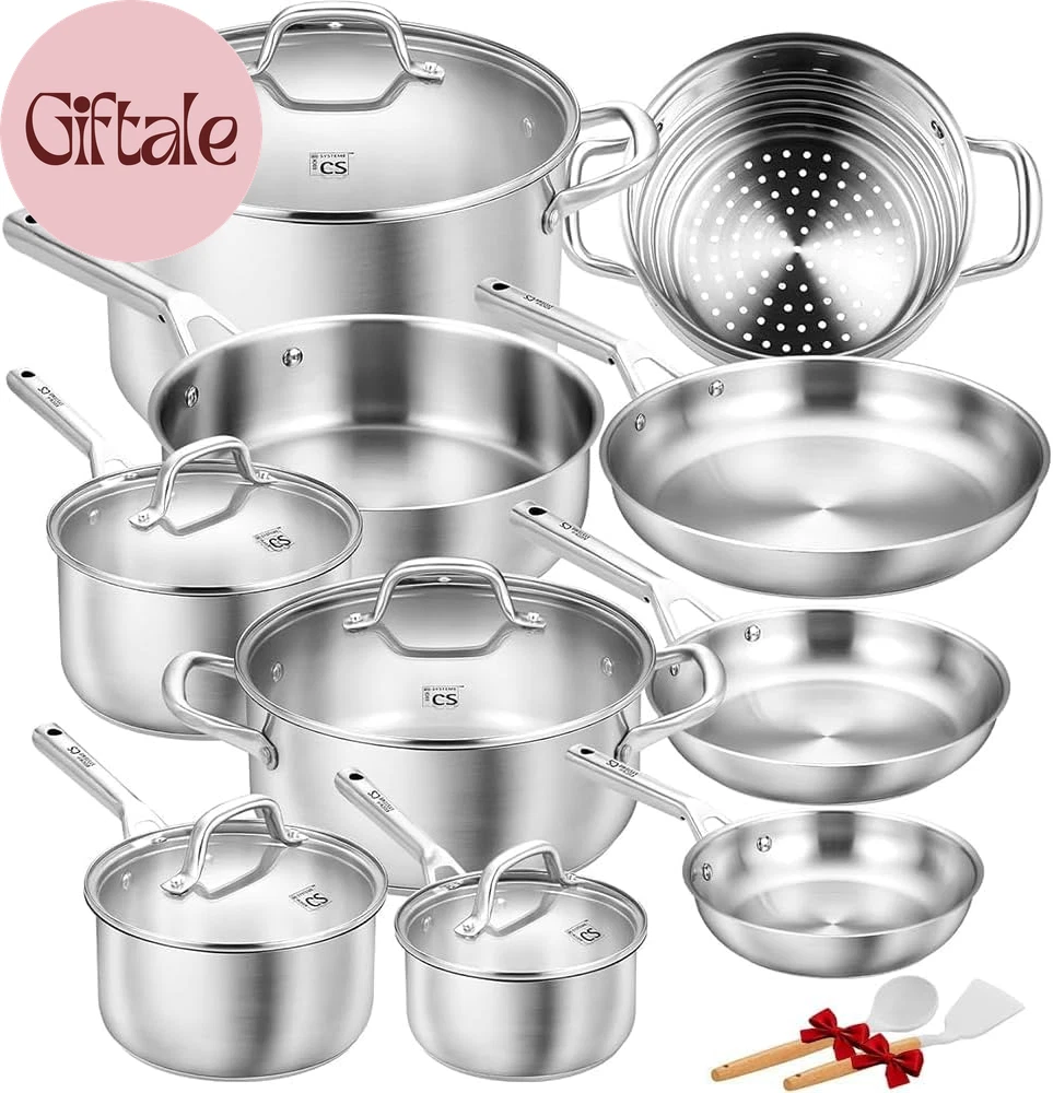 Stainless Steel Cookware Set 17 Piece, Professional 18/10 Stianless Steel Pots a