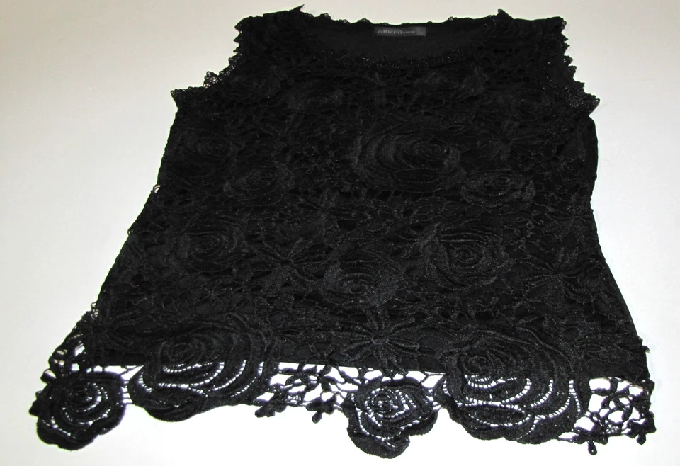Top de encaje negro crochet boho negro forrado sin mangas dobladillo festoneado etiqueta: L se adapta a S/M Foto 4 de 4