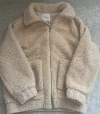 Elodie Women's Tan Sherpa Fleece Teddy Jacket Pockets & Full Zip, Size Medium