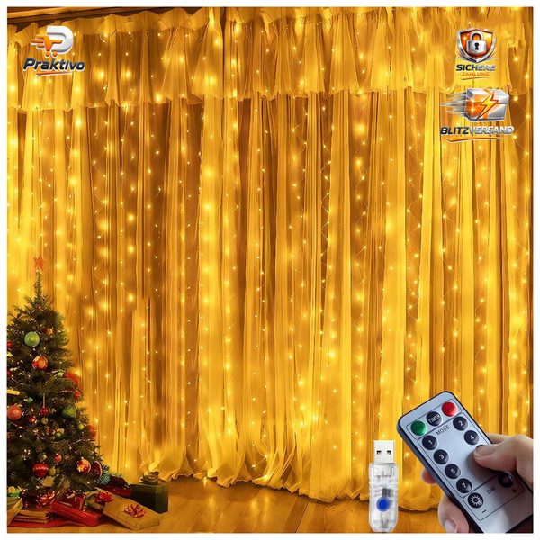 Lichtervorhang 3X3M 300 LED Dimmbar Wasserdicht Mit Fernbedienung USB-image