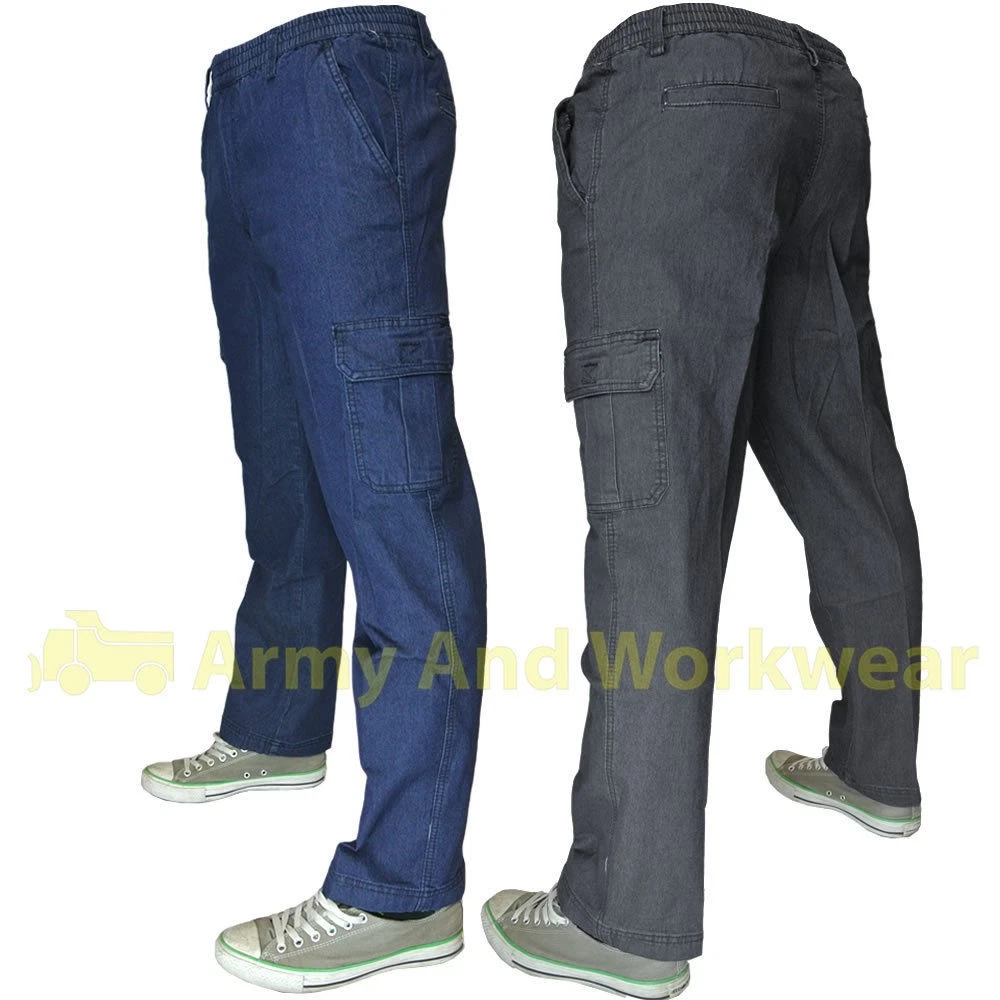 Fully Elasticated Waist Combat Jeans Mens Stretch Denim Cargo Pants Regular Fit