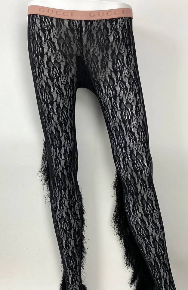 Gucci NWT $650 Small Black Ozil Stretch Sheer Floral Lace Tights Fringe Auth - Image 3 of 4
