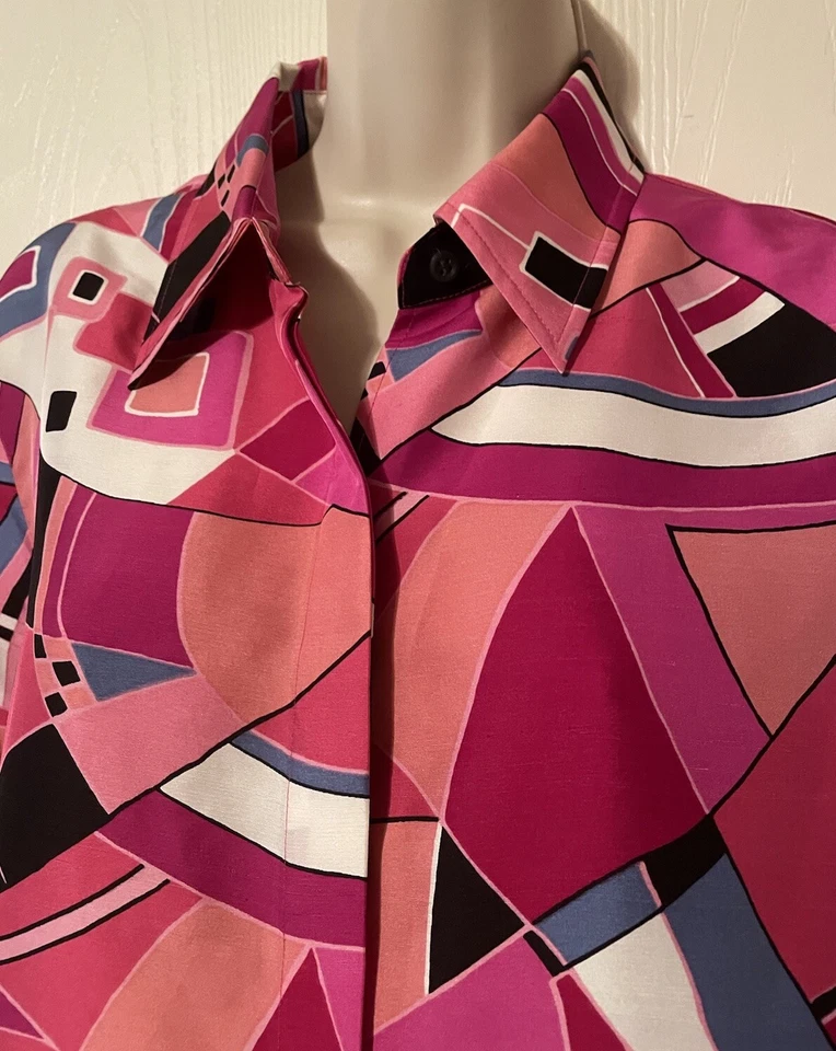 Blusa Top Rosa Manga Larga Para Mujer Geométrica 100% Seda Arte Camisa Top Talla L Foto 3 de 4
