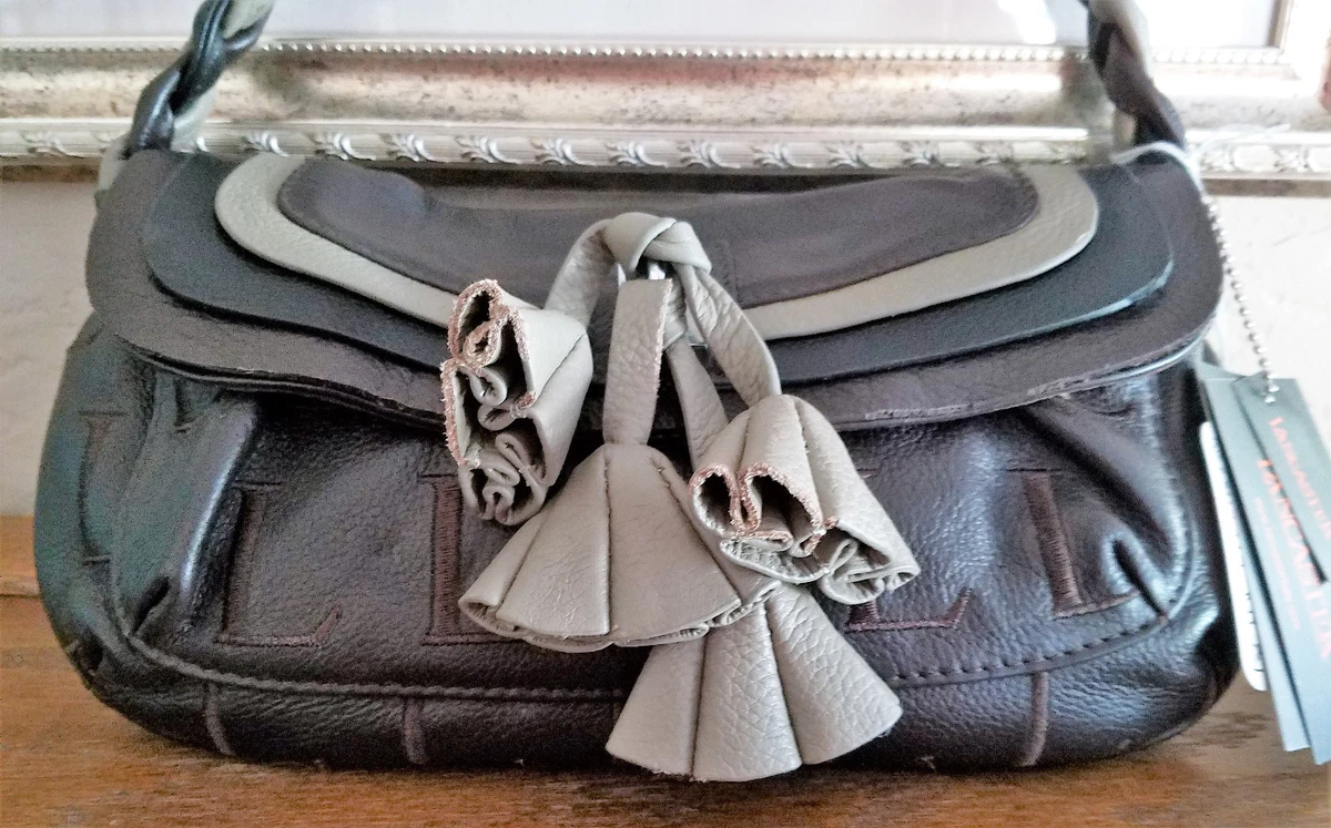 LANCASTER Black Brown and Gray Leather Handbag Tassels ITALY New