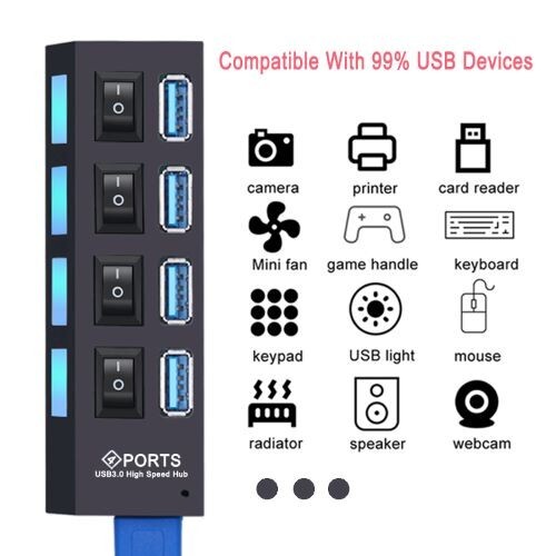 4-Port USB 3.0 Hub with Power Adapter for Multiple Devices