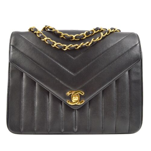 Chanel Black Lambskin V Stitch Mademoiselle Double Chain Shoulder Bag 141317 - Afbeelding 1 van 9