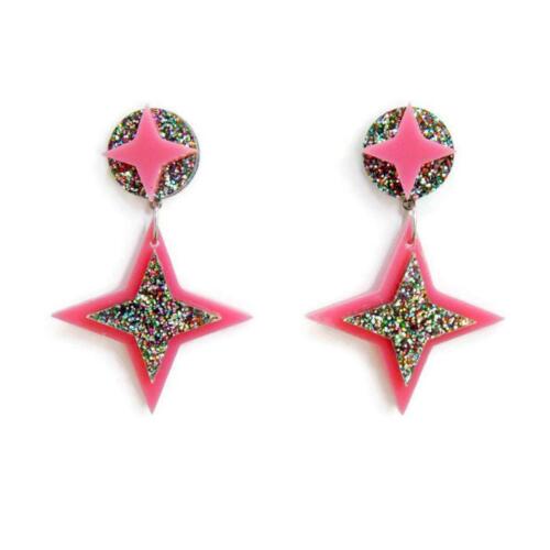 Retro 50s Style Pink Starburst Earrings, Vintage Inspired Acrylic Pinup Jewelry - Picture 1 of 5