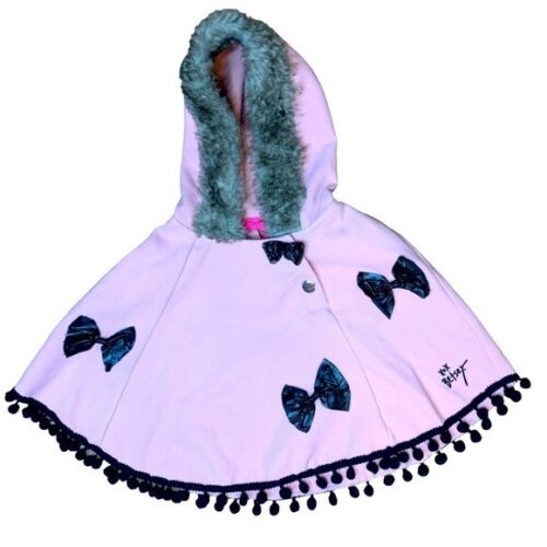 Betsy Johnson Pink Cape Size 2T Fur Trimmed Hood Black Bows and Trim - Picture 1 of 8