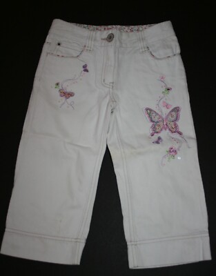 USED Next UK 7 Year Girls White Jeans Butterfly Embroidery Applique Crop Adjust