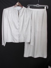 Adrianna Papell Petites Oyster Silk Two Piece Suite Skirt Jacket Pearls 14P WOR