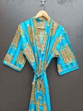 Indian Tiger Printed 100% Cotton Robe Long Kimono Sleepwear Night Kimono Dress
