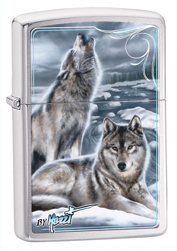 New Zippo Windproof Lighter, Chrome W/ Wolves, Mazzi Winter, 28002, New In Box.