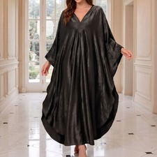 Women Kaftan Maxi Dress V-Neck Woven Front Batwing Loose Beach Cover Up Gown