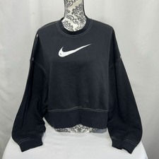 Nike Sweatshirt Women s Sz M Black Cropped Swoosh Athleisure Oversized NEW