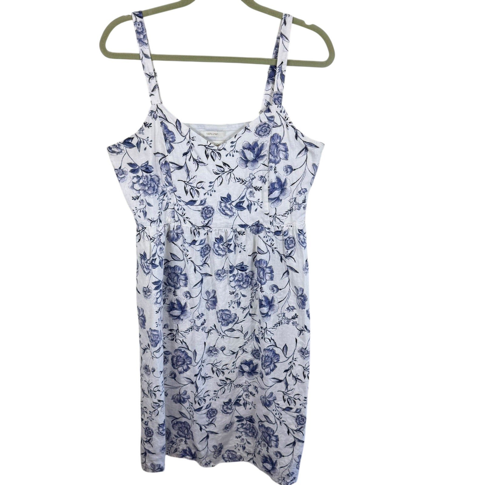 Cynthia Rowley 100% Linen White Blue Floral Midi Lined Tank Dress Size 12