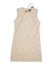 Halston Dress Womens 4 Beige Tweed Sleeveless Sheath Chain Neck Embellished