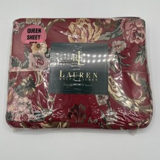 Vintage Ralph Lauren Queen Flat Sheet NWT Marseilles Floral Red Ruffle Cotton