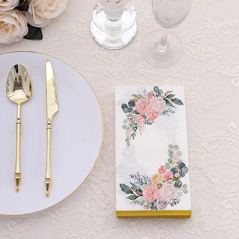 20 WHITE PINK Peony Flower 2 Ply Paper Disposable Dinner NAPKINS Gold Edge Party - Image 4 of 4