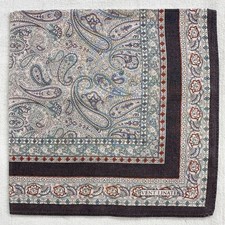 VTG Mens Handkerchief Cotton Green Orangre Paisley Flourish Pocket Square 16" G