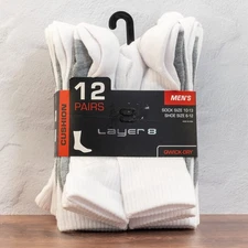 Layer 8 Men's 12 Pair White and Gray Cushion Crew Socks Sizes 10-13