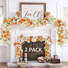 Neutral Fall Garland for Mantle Fireplace - 2 Pack 6Ft Outdoor Autumn Leaves Dec