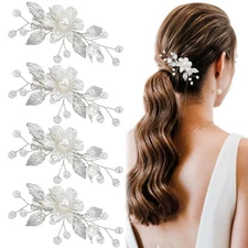 4Pcs White Flower Hair Accessories Silver Leaf Vine Floral Accessory Pearl Ha...