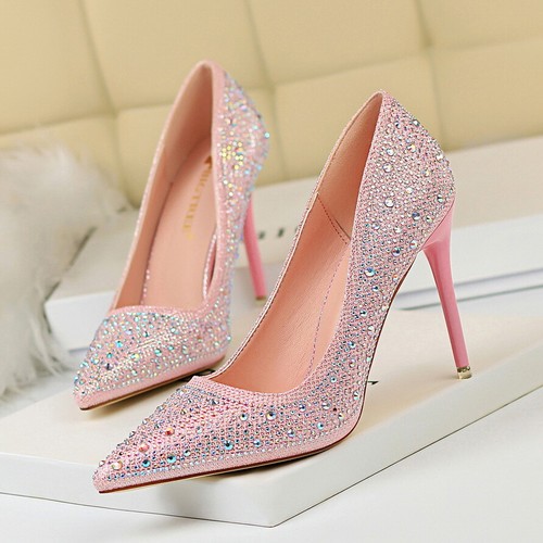 Women's Stilettos Pumps Pointed Toe Rhinestone Heeled Dress Wedding Ladies Shoes - Picture 18 of 24